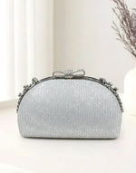 Glittering Bow Clasp Silver Clutch Bag